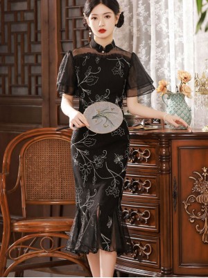 Black Green Fishtail Midi Illusion Cheongsam Qipao Dress