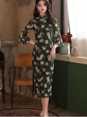 Green Floral Chiffon Midi Cheongsam Qipao Dress