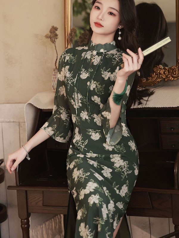 Green Floral Chiffon Midi Cheongsam Qipao Dress