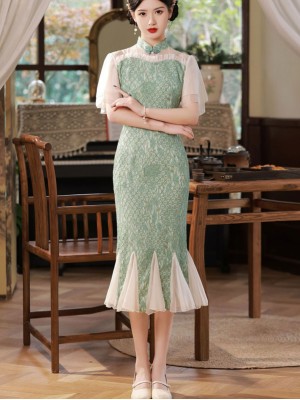 Green Lace Midi Fishtail Qipao Cheongsam Dress