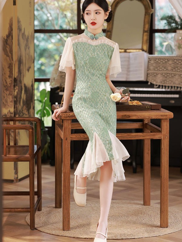 Green Lace Midi Fishtail Qipao Cheongsam Dress