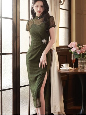 Green Thigh Split Illusion Qipao Cheongsam Dress