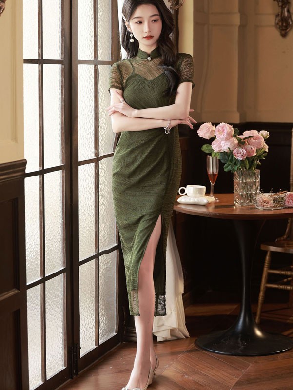 Green Thigh Split Illusion Qipao Cheongsam Dress