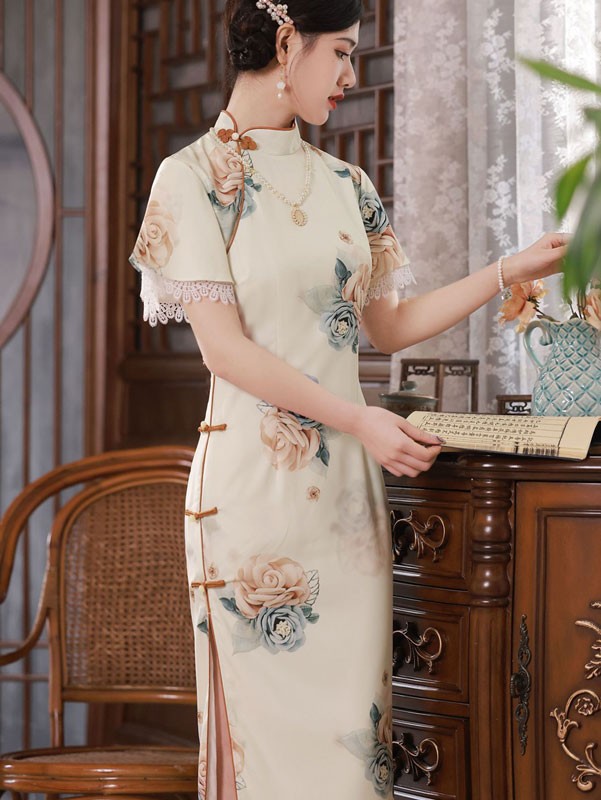 Ivory Rose Print Midi Qipao Cheongsam Dress