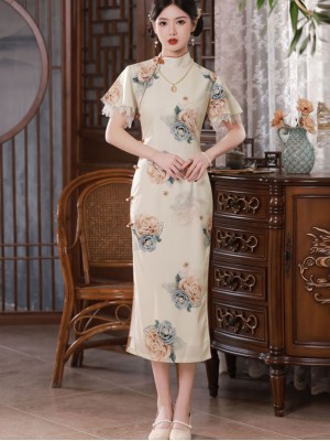 Ivory Rose Print Midi Qipao Cheongsam Dress