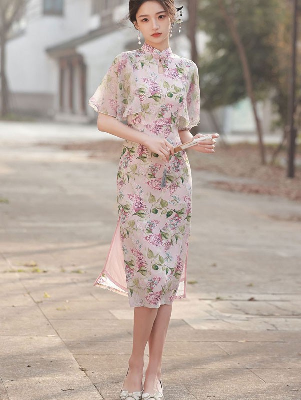 Pink Floral Chiffon Flutter Sleeve Cheongsam Qipao Dress