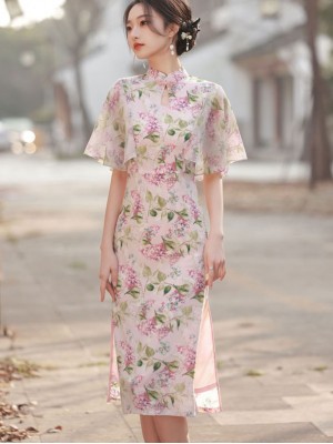 Pink Floral Chiffon Flutter Sleeve Cheongsam Qipao Dress