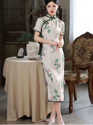 White Floral Jacquard Midi Qipao Cheongsam Dress