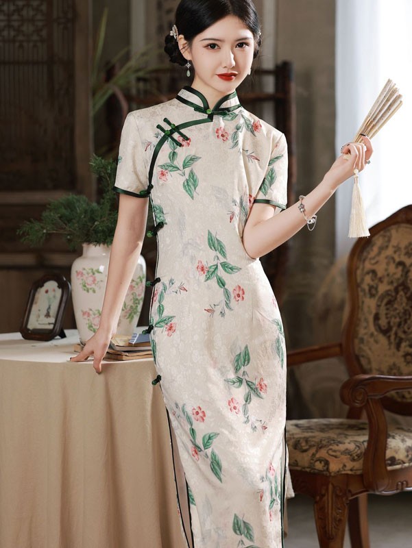 White Floral Jacquard Midi Qipao Cheongsam Dress