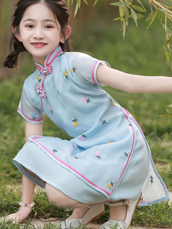 2023 Blue Embroidered Kids Girls Cheongsam Qipao Dress