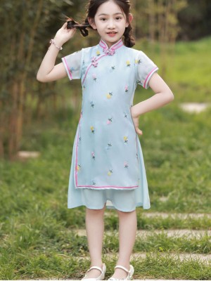 2023 Blue Embroidered Kids Girls Cheongsam Qipao Dress