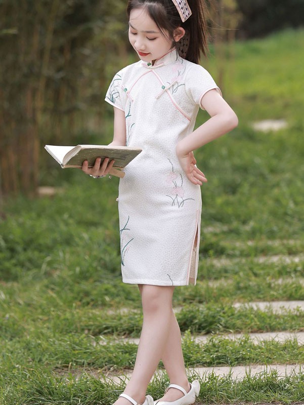 2023 Embroidered Lace Kids Girls Cheongsam Qipao Dress