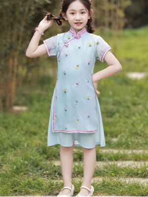 2026 Blue Embroidered Kids Girls Cheongsam Qipao Dress