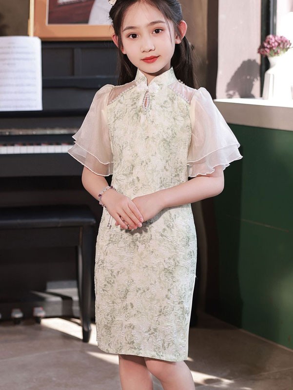 Green Jacquard Flutter Sleeve Kids Girls Cheongsam Qipao Dress