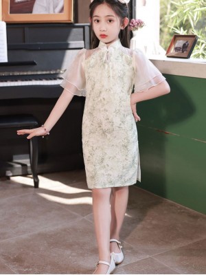 Green Jacquard Flutter Sleeve Kids Girls Cheongsam Qipao Dress