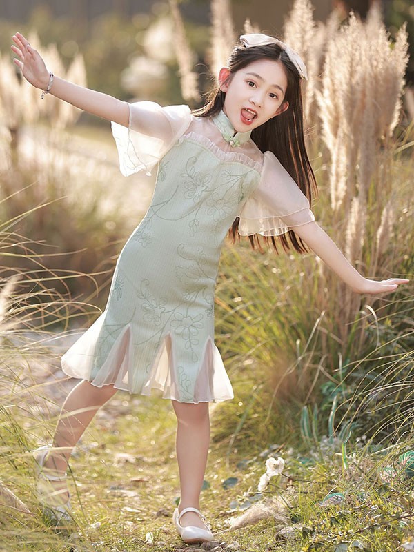 Green Jacquard Frill Hem Kids Girls Cheongsam Qipao Dress