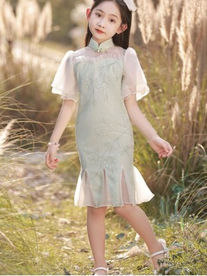 Green Jacquard Frill Hem Kids Girls Cheongsam Qipao Dress