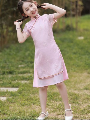 Pink Jacquard Kids Girls Cheongsam Qipao Dress