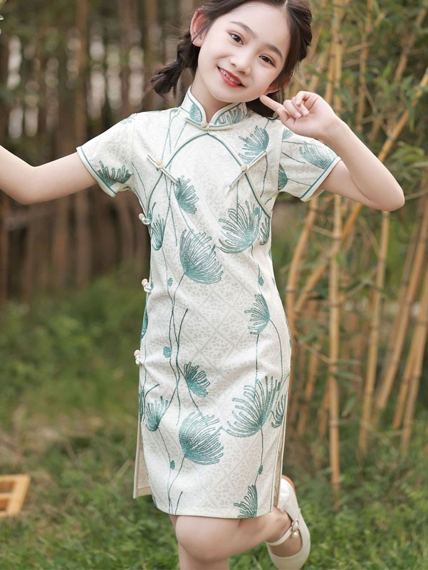 White Embroidered Floral Lace Kids Girls Cheongsam Qipao Dress