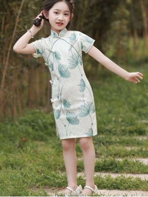 White Embroidered Floral Lace Kids Girls Cheongsam Qipao Dress