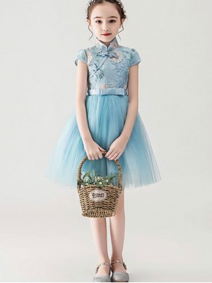 Blue Pink Flower Girls Embroidered Tulle Cheongsam Qipao Dress