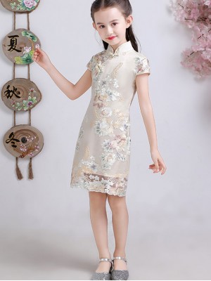 Embroidered Overlay Kids Girls Qipao / Cheongsam Dress