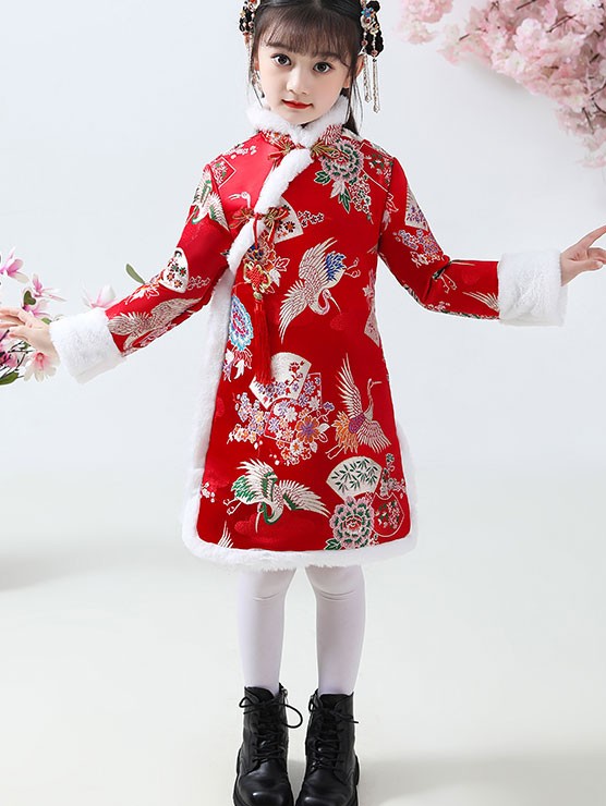 Red Floral Kids Girl's Winter Qipao / Cheongsam Dress