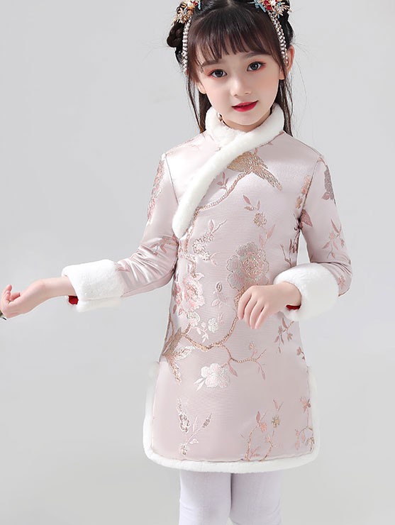 Pink Floral Woven Kids Girl's Qipao / Cheongsam Winter Dress