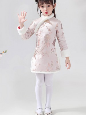 Pink Floral Woven Kids Girl's Qipao / Cheongsam Winter Dress