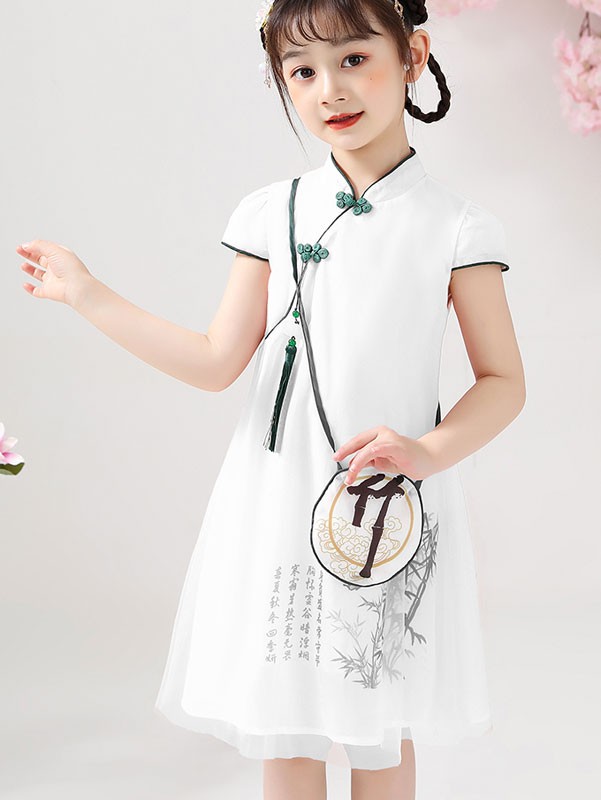 Pink White Kids Girl's Cheongsam / Qipao Dress