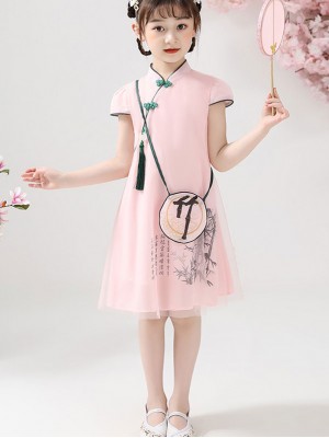 Pink White Kids Girl's Cheongsam / Qipao Dress