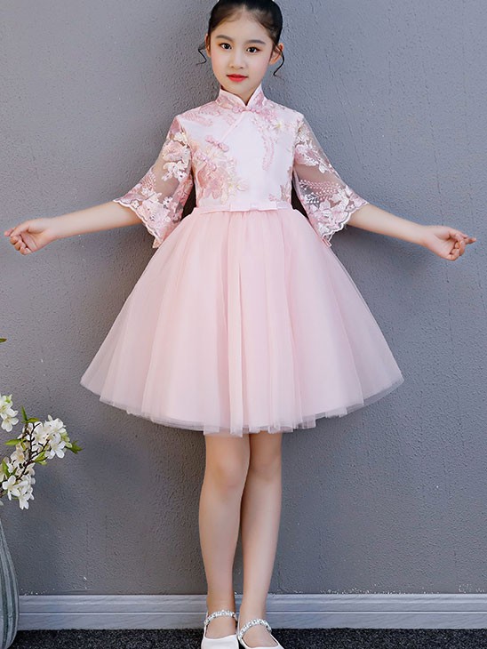 White Pink Embroidered Kid Flower Girls Qipao Cheongsam Dress