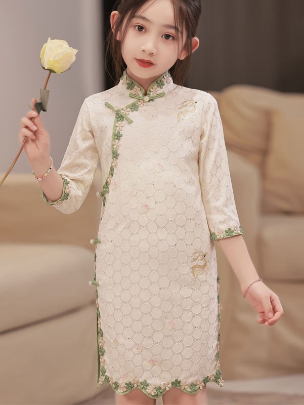 Embroidered Deer Lace Kids Girls Cheongsam Qipao Dress