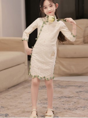 Embroidered Deer Lace Kids Girls Cheongsam Qipao Dress