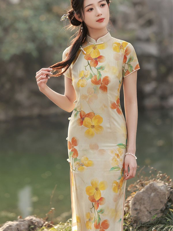 2023 Yellow Floral Linen Midi Cheongsam Qipao Dress