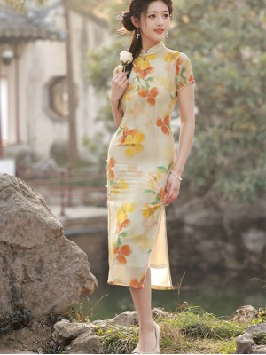 2023 Yellow Floral Linen Midi Cheongsam Qipao Dress