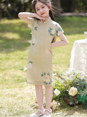 Beige Floral Linen Kids Girls Cheongsam Qipao Dress