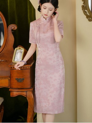 2023 Pink Jacquard Midi Qipao Cheongsam Dress