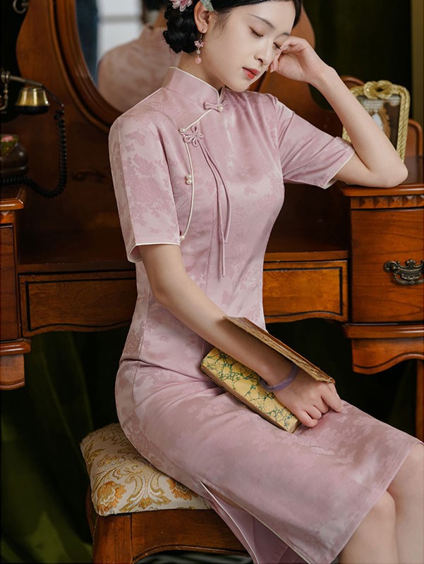 2023 Pink Jacquard Midi Qipao Cheongsam Dress