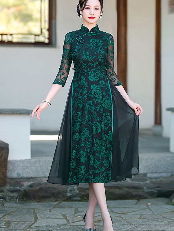 Green Mothers Floral A-Line Cheongsam Qipao Dress