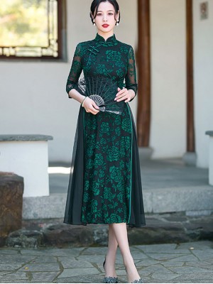 Green Mothers Floral A-Line Cheongsam Qipao Dress