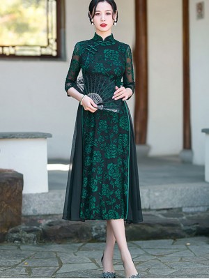 Green Mothers Floral A-Line Cheongsam Qipao Dress