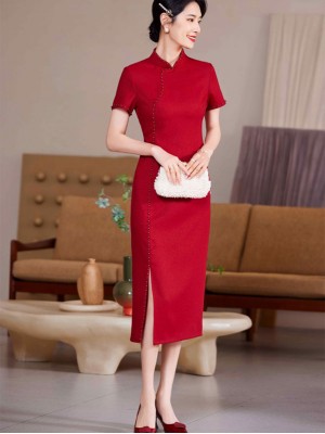 Red Bride Mothers Midi Wedding Cheongsam Qipao Dress