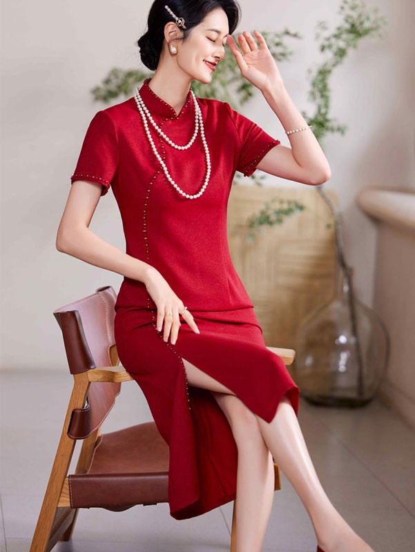 Red Bride Mothers Midi Wedding Cheongsam Qipao Dress