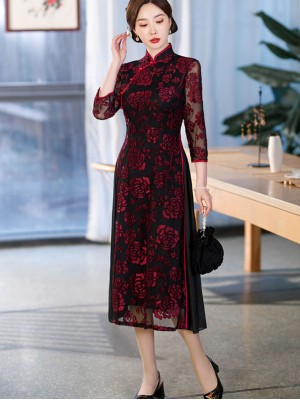 Red Mothers Floral A-Line Cheongsam Qipao Dress