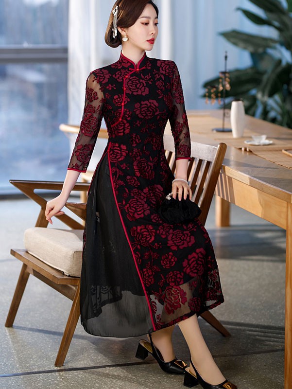 Red Mothers Floral A-Line Cheongsam Qipao Dress