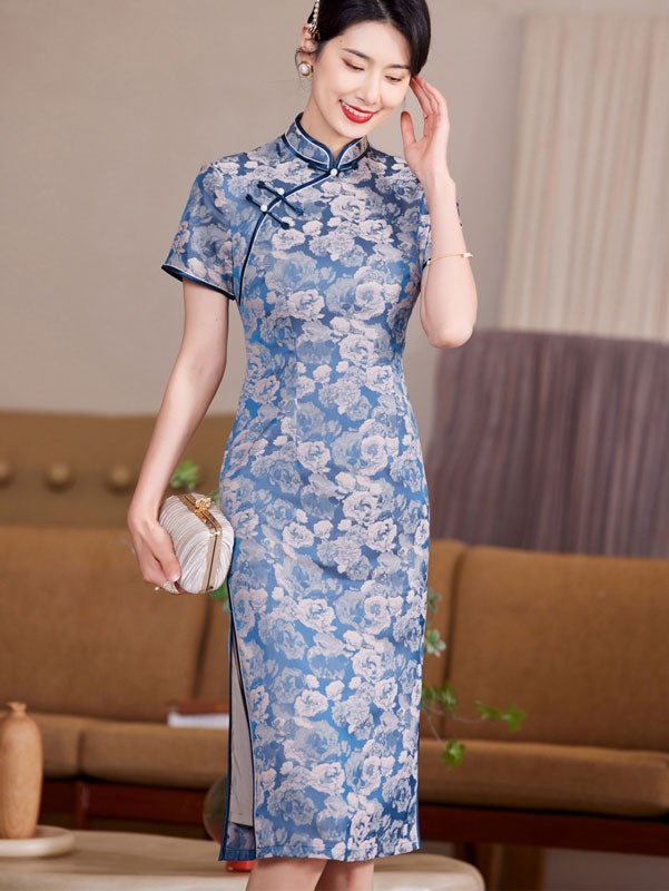 Blue Red Floral Bride Mothers Wedding Cheongsam Qipao Dress