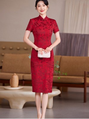 Blue Red Floral Bride Mothers Wedding Cheongsam Qipao Dress