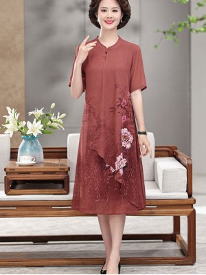 Red Gray Floral Mothers Summer Qipao Cheongsam Dress