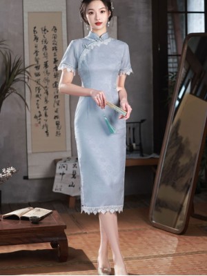Blue Jacquard Midi Cheongsam Qipao Dress